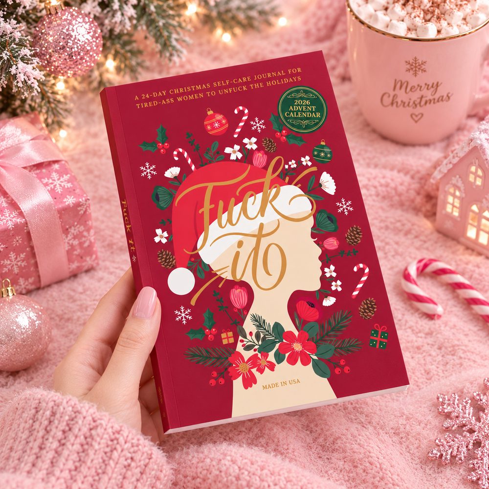 Fuck It Advent Calendar journal, deep red cover with gold lettering and Christmas decorations