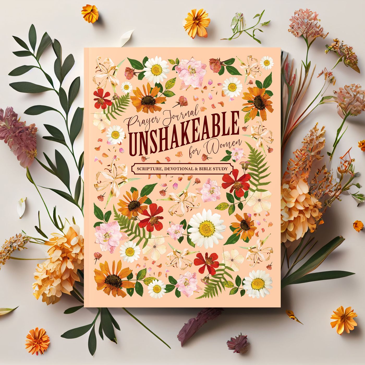 Unshakeable prayer journal among dried flowers