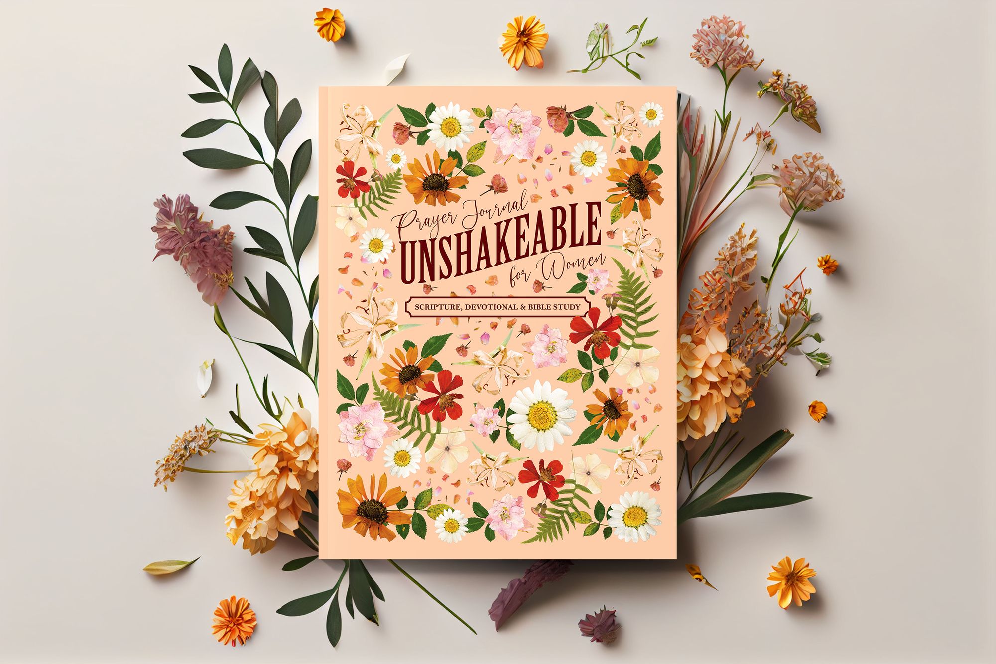 Unshakeable prayer journal styled among dried flowers